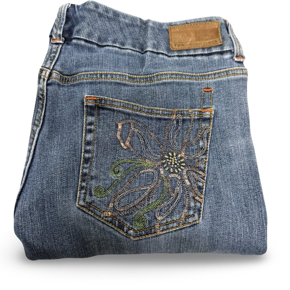 VTG Tommy Hilfiger Jeans Y2K Womens 34x28 Straight Floral Embroidered Blue Denim